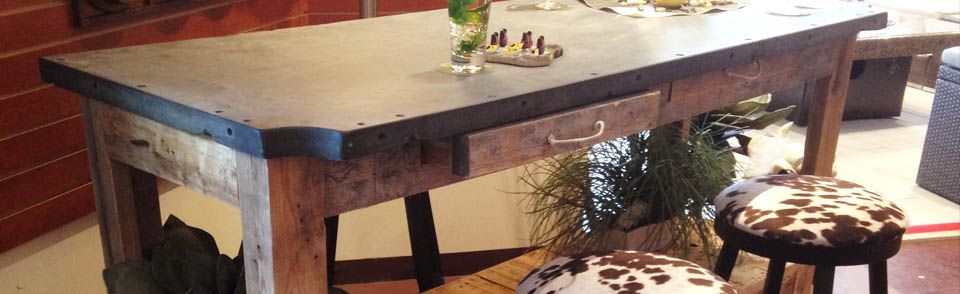 Industrial looking furniture - Tables and stools made of recycled wood or slate                                                                                                                                                                                