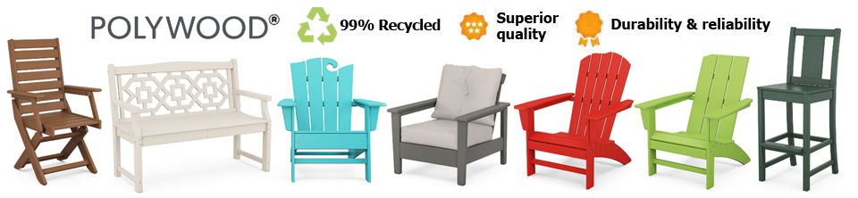 Recycled plastic outdoor chairs, lounge chairs, swings, sectional sets, dining sets and more                                                                                                                                                                   