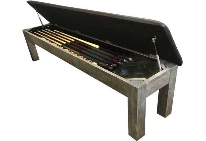 Banc de rangement accessoires billard fini bois de grange