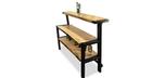 Live edge wood and steel bar with storage shelf
