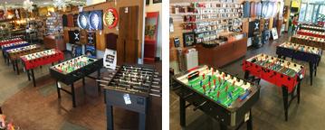 We stock several dozen foosball soccer game tables in a wide varety of colours as well as some model specifically designed for outdoor use.