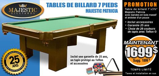 Table billard Majestic Patricia avec ardoise 1 pouce et bandes en bois massif